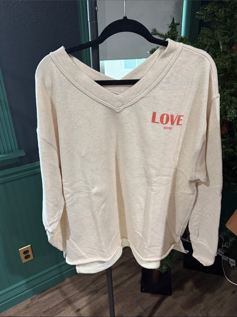 aerie Cream V-Neck Pullover with Coral LOVE Print